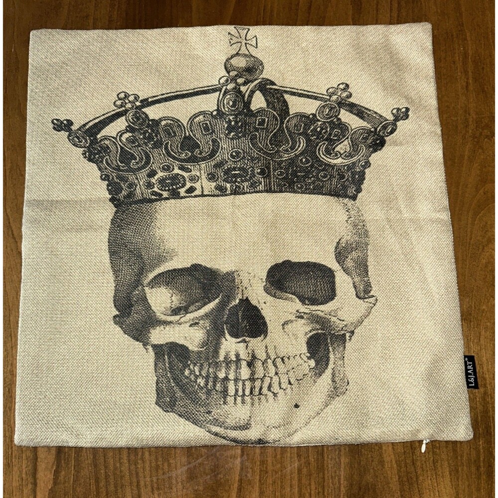 King Skull Beige Black Pillow Cover Diade Muertos Day Of The Dead Halloween